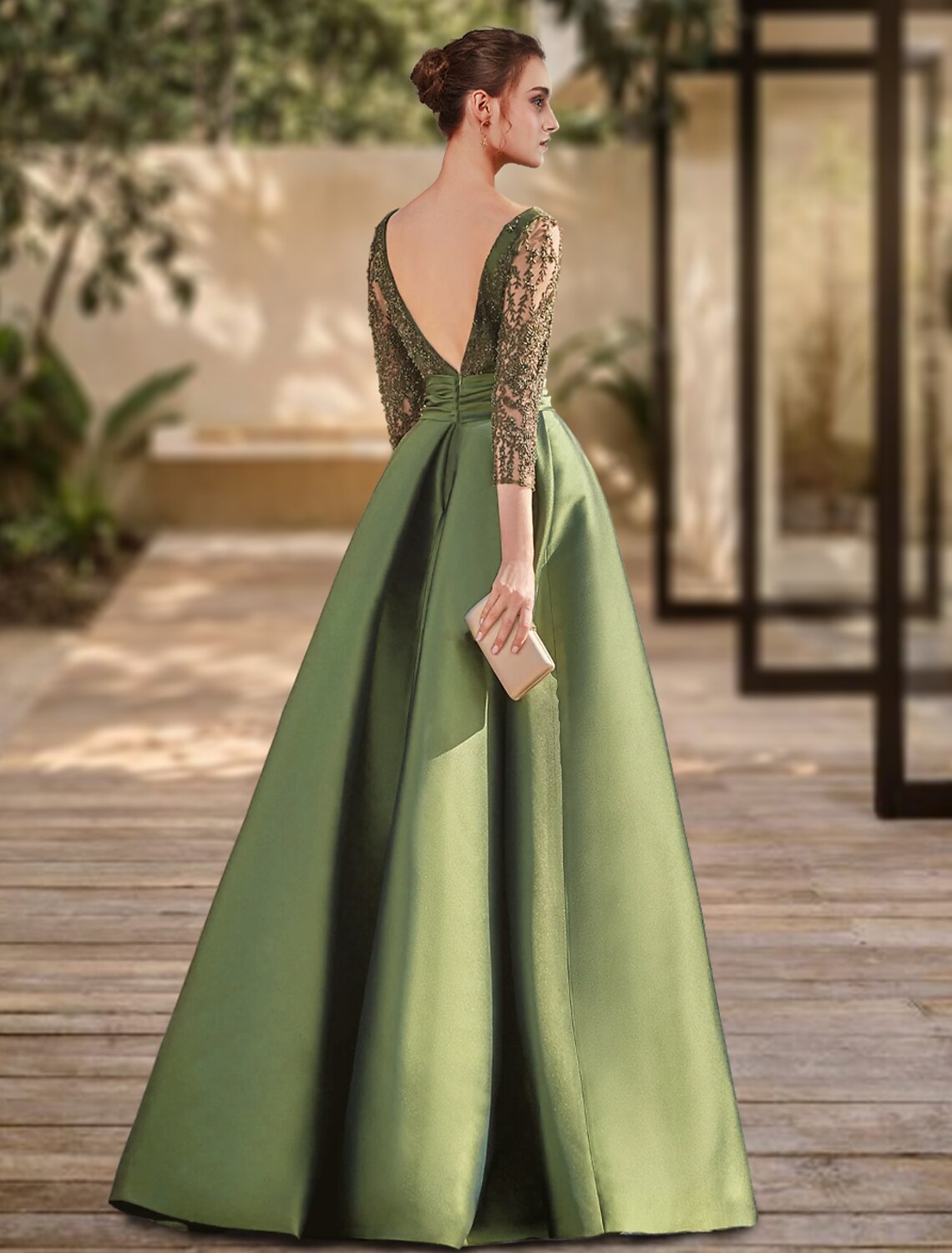 A-Linien-Abendkleid mit offenem Rücken, formelle Hochzeitsgast-Kleidung, bodenlang, 3/4-Ärmel, Rundhalsausschnitt, Spitze mit Schlitz und Riemchen